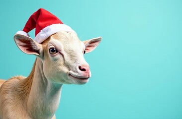 portrait of a goat in a New Year's hat on a blue background on the left. There is a place for text on the right
