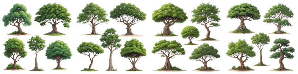 Collection of 20 Cartoon Trees, Isolated on Transparent Background, Game Asset, Nature Illustration, Trees, Game Assets, Cartoon