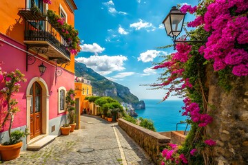 Fototapeta premium Vibrant Mediterranean Coastal Village with Bougainvillea and Stunning Sea Views Amalfi Coast Style in 4K Resolution