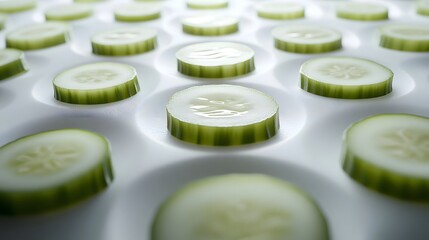 Close-up of numerous fresh cucumber slices arranged neatly on a white surface. The image emphasizes the vibrant green color and juicy texture of the cucumbers, creating a clean and healthy aesthetic.