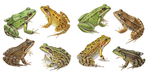 Eight Frog Species Watercolor Illustration, Isolated on Transparent Background, Amphibian, Reptile, Nature, frogs, watercolor, illustration