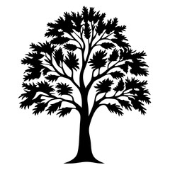 Silhouette of a tree with dense foliage in black and white