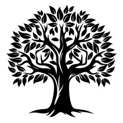 Elegant Black and White Tree Silhouette with Dense Leaf Canopy Illustration