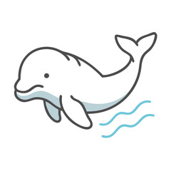 Cute cartoon dolphin swims in ocean waves cheerfully
