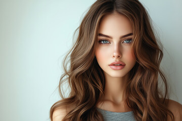 Fototapeta premium Woman with long brown hair and blue eyes, standing on a sandy beach at sunset, gazing out at the ocean with a serene expression.