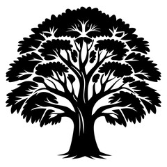 Elegant silhouette of a leafy tree with branches against a white background