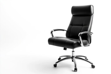 Obraz premium A black leather executive office chair with chrome accents on a white background.