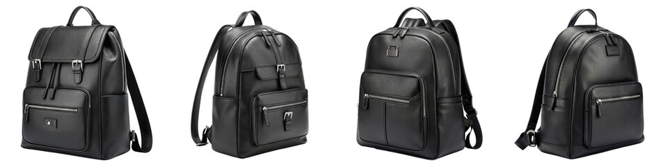 Naklejka premium Four Views of Black Leather Backpack, Isolated on Transparent Background, 3D Render, Product Mockup, Backpack, Leather, Mockup