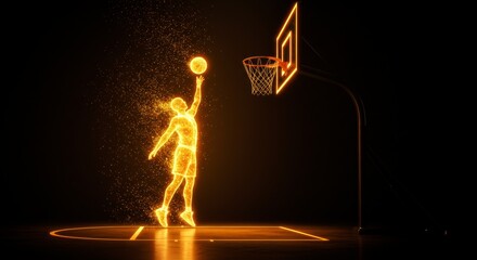 Dynamic basketball player silhouette in radiant golden light against a dark backdrop