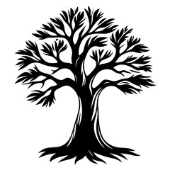 Bold silhouette of a deciduous tree with abstract leaves and roots