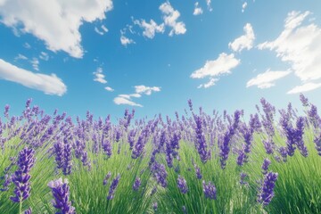 Obraz premium Lavender fields under a bright blue sky on a sunny day in summer
