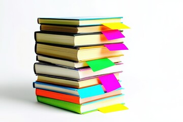 A stack of colorful books with sticky notes, suggesting study, research, or reading.