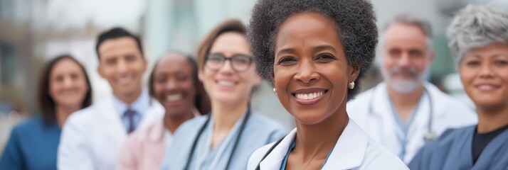 Obraz premium A diverse group of healthcare professionals stands together smiling, showcasing unity, compassion, and dedication to providing quality care in the healthcare industry.