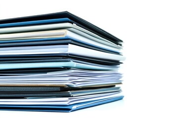A large stack of organized files and folders, neatly arranged in blues and blacks, representing efficient record-keeping.