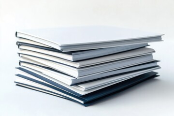 A neat stack of white and navy blue notebooks or documents, suggesting organization and knowledge.