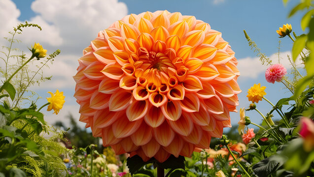 A stunning orange dahlia in full bloom, standing out brightly in a colorful, lively garden