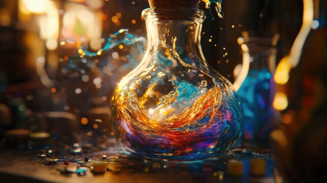 A vibrant flask of swirling, colorful magical concoction.