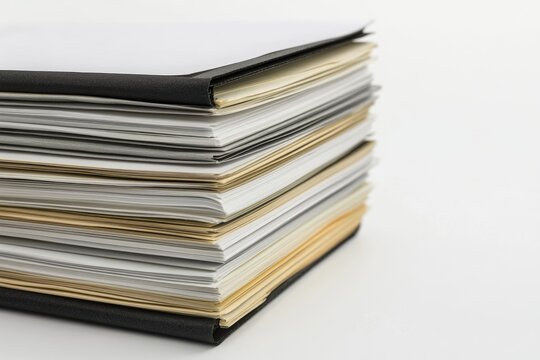 A large stack of documents and papers in a black binder, suggesting archiving or office work.