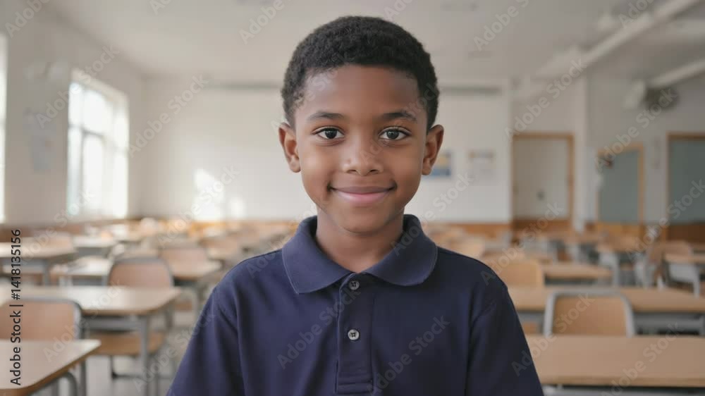 Aufkleber a young boy stands at the front of a typical classroom, surrounded by rows of desks and chairs.
