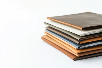 A stack of leather-bound notebooks in various colors, showcasing different textures and shades.