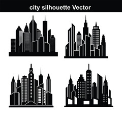 Naklejka premium This vector illustration showcases a city skyline silhouette, depicting an urban cityscape with various buildings and skyscrapers against a sky.