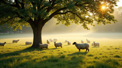 Obraz premium A serene scene of a herd of sheep grazing on lush green grass under a bright blue sky with foggy surroundings.