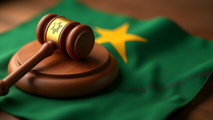 Date palm gavel with gold over Mauritanian flag. Saharan legal symbolism with caravan lighting.