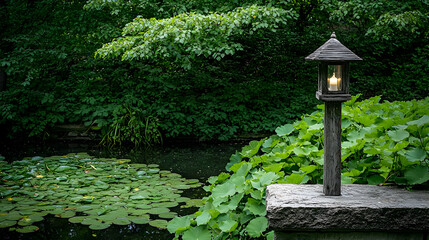 Peaceful Garden Pond With Wooden Lantern
