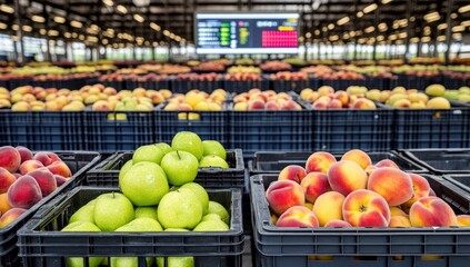 Fresh fruit crates in market hall