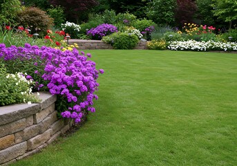 Lush garden showcases a variety of vibrant flowers, meticulously arranged alongside a neatly manicured lawn, creating a peaceful and inviting outdoor environment