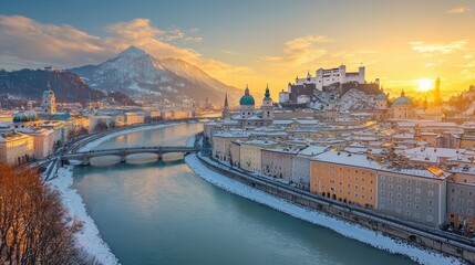 Naklejka premium Salzburg, Austria, winter sunrise panorama