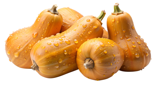 A group of fresh butternut squashes with water droplets against on transparent background png