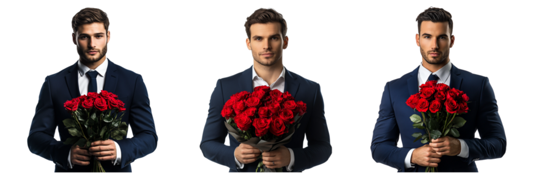 Set of Man in a suit holding a bouquet of red roses isolated on a transparent background - Powered by Adobe