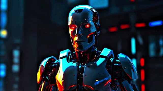 An evil robot eye color shifting to red, devil robot changing eye color to red glowing menacing AI threat futuristic dangerous technology