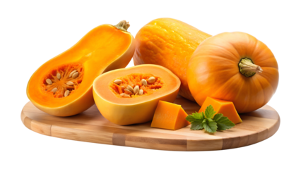 A group of pumpkins and squash cut and arranged on a wooden board on transparent background png