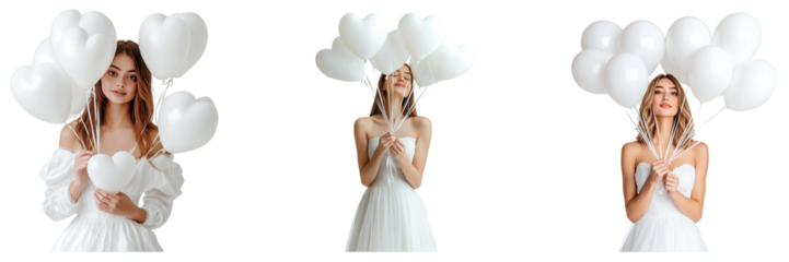 Set of woman in a white premium gown with holding white love balloons isolated on a transparent background