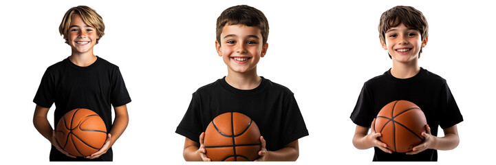 Set of Young boy holding a basketball in a black t-shirt isolated on a transparent background
