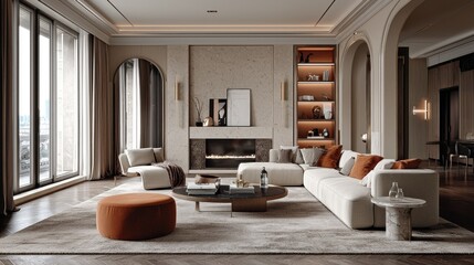 Luxurious modern living room with fireplace and city views