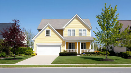 Yellow Suburban House With White Trim And Green Lawn