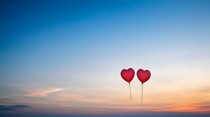 Fototapeta premium Two Red Heart Balloons Floating In Sunset Sky