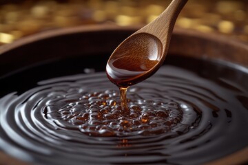 Wooden spoon dripping dark liquid into a bowl creating ripples.