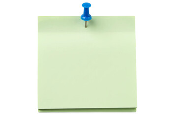 Green sticky post it note with red pushpin isolated on transparent background