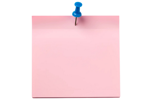 Pink blank sticky post it note with red pushpin isolated on transparent background
