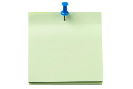 Green sticky post it note with red pushpin isolated on transparent background