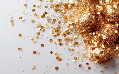 Gold confetti balls and glitter scattered on a clean white surface, bright and festive composition.