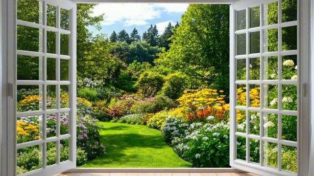 Beautiful garden view through open window with vibrant flowers.

