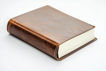 Obraz premium A thick, brown leather-bound book rests on a white background, showcasing its luxurious texture and craftsmanship.