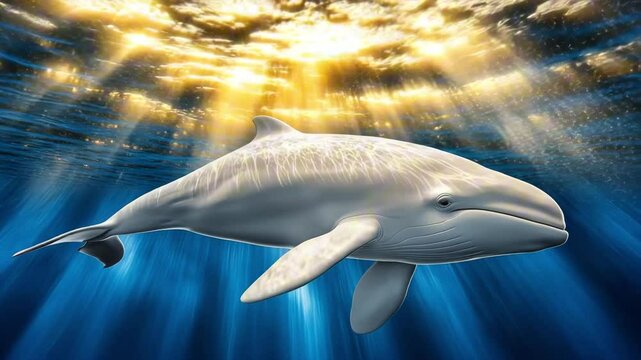 A serene whale swimming gracefully in sunlit ocean depths.

