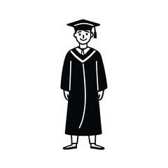 Graduation boy icon celebrates academic achievement wearing gown and cap simple line art vector design