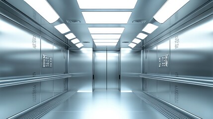 Modern stainless steel elevator interior, empty, bright lighting